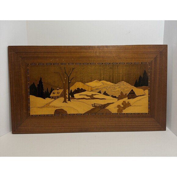 VTG Marquetry Wood Inlay Winter Landscape Scene 25” X 14” Wall Hanging Art